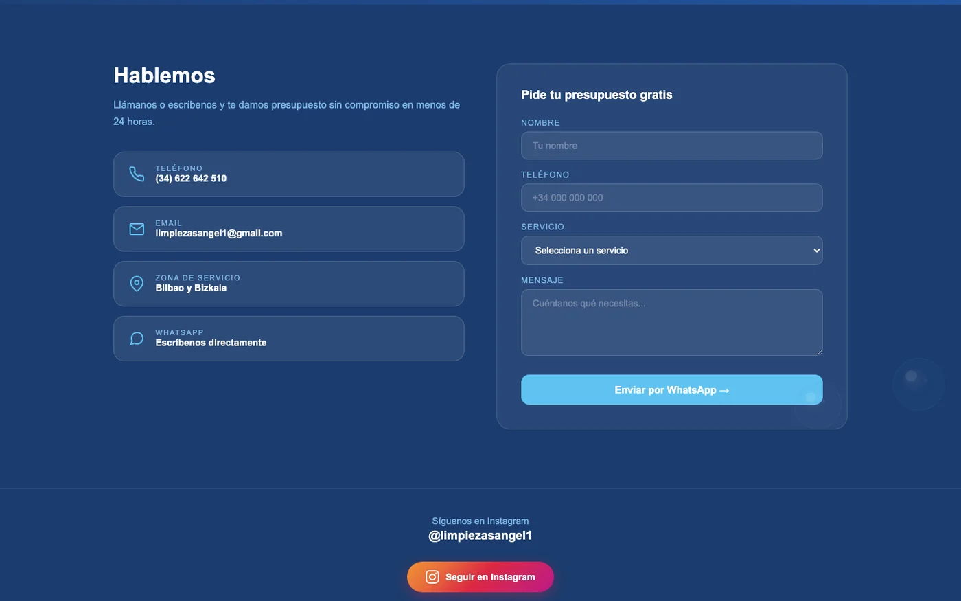 Sección de contacto con teléfono, correo, zona de servicio y el formulario que envía por WhatsApp