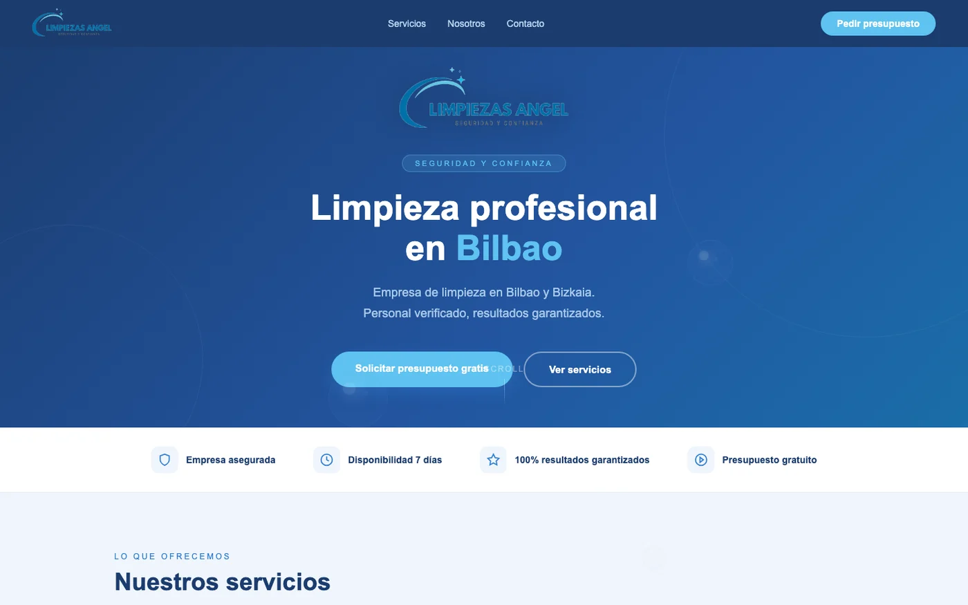 Portada de Limpiezas Angel, con su presentación como empresa de limpieza en Bilbao y Bizkaia y los sellos de empresa asegurada y presupuesto gratuito