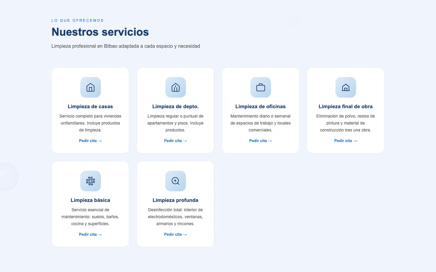 Los seis servicios en tarjetas: limpieza de casas, de piso, de oficinas, final de obra, básica y profunda