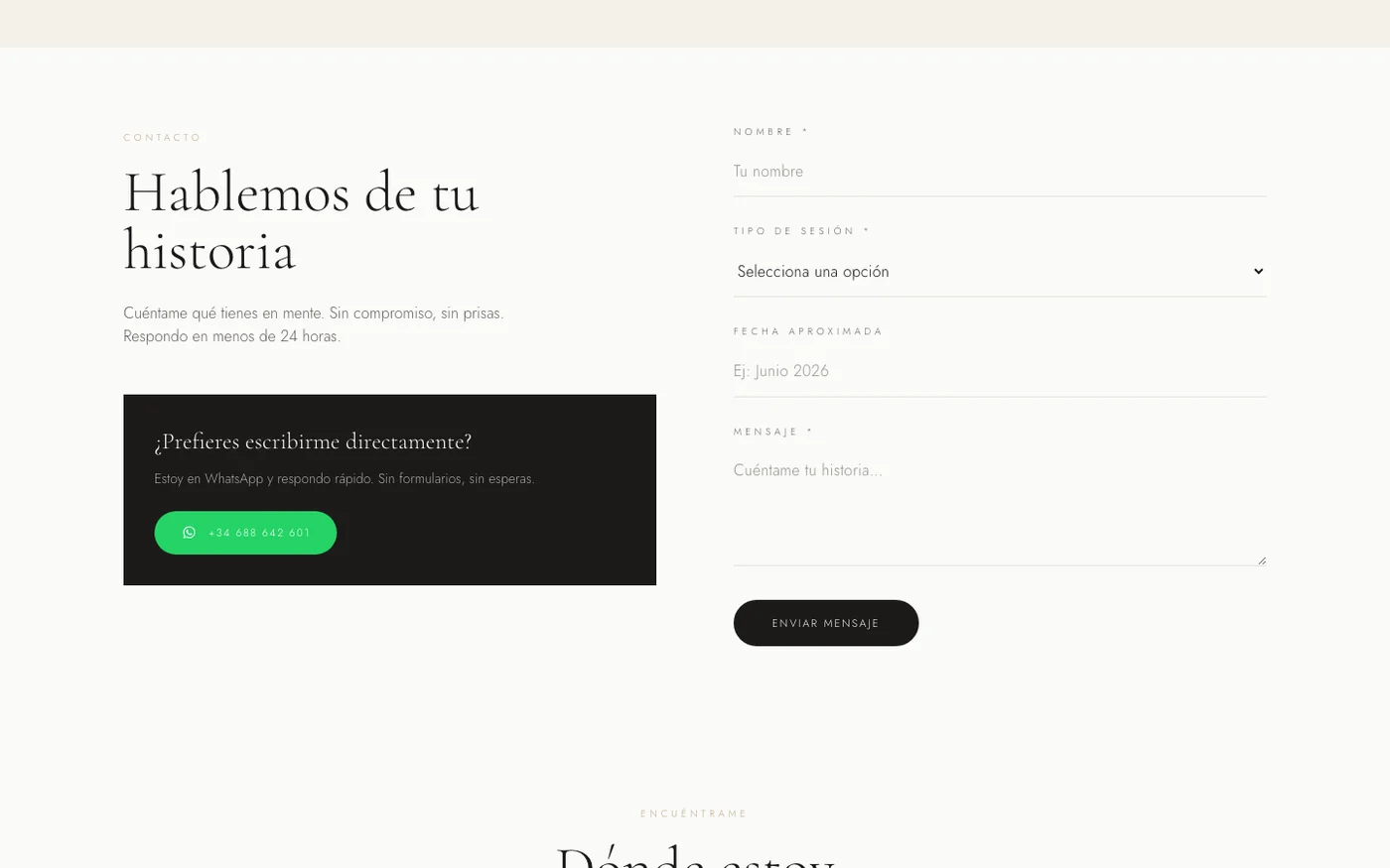 Formulario de contacto que pregunta el tipo de sesión y la fecha aproximada, con el WhatsApp directo al lado