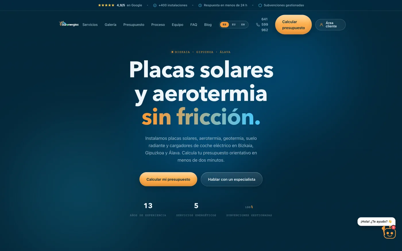 Portada de la web de Gurenergías, con el menú de servicios y el botón de calcular presupuesto