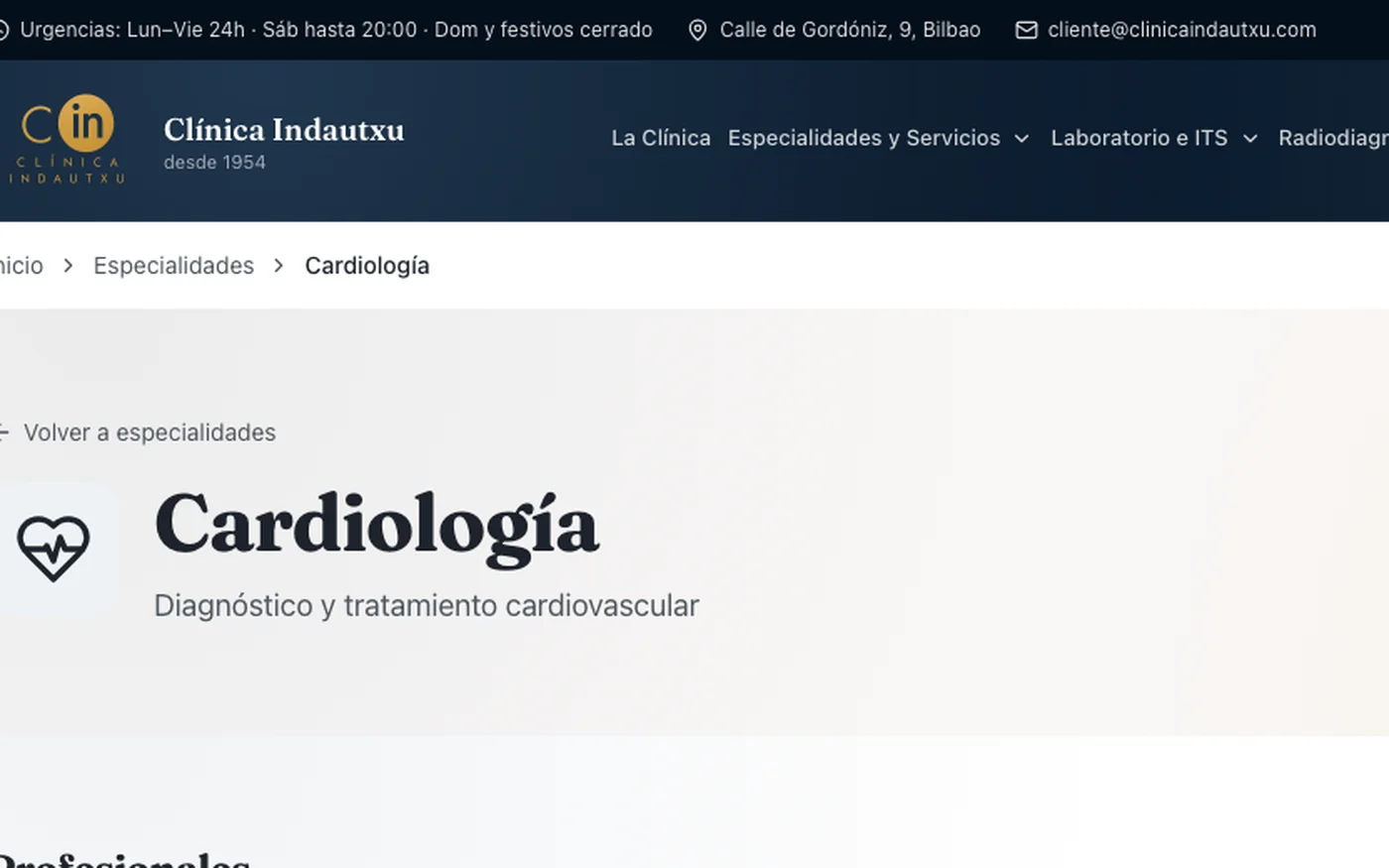 Cabecera de la ficha de Cardiología, con su ruta desde el inicio y la descripción del departamento