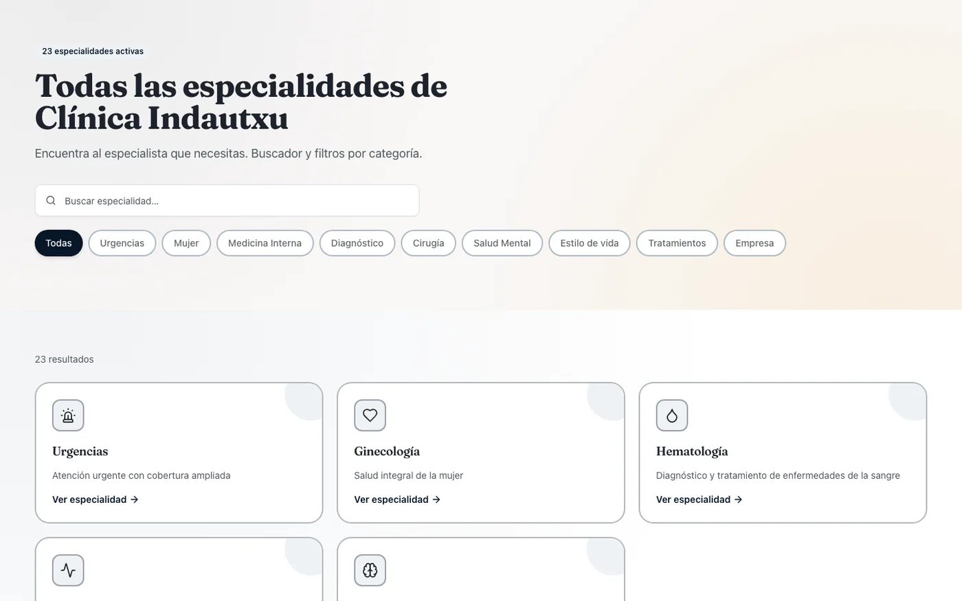 Pantalla con las veintitrés especialidades, un buscador y filtros por categoría médica