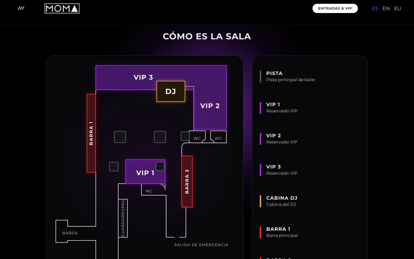 Plano de la planta de la sala con la pista, las dos barras, la cabina del DJ, las tres zonas VIP, los aseos, el guardarropa y la salida de emergencia, con su leyenda al lado