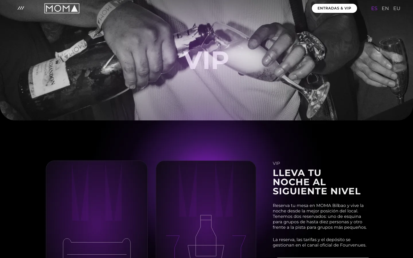 Página de reservados VIP de MOMA Bilbao, con el resplandor morado sobre la cabecera y las tarjetas de cada reservado