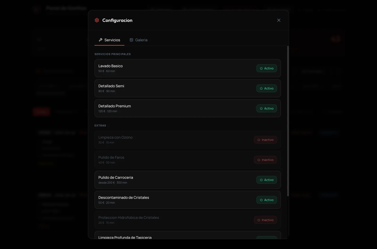 Pantalla de configuración con los servicios y los extras, cada uno con su precio, su duración y su estado activo o inactivo