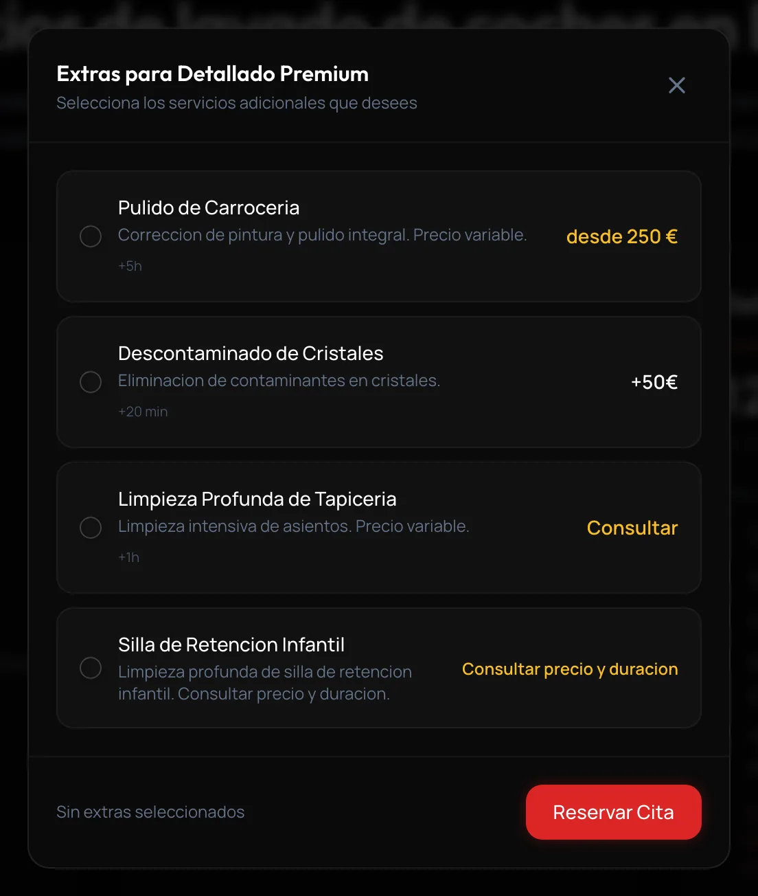 Ventana de extras del detallado premium, con lo que suma cada uno en precio y en minutos