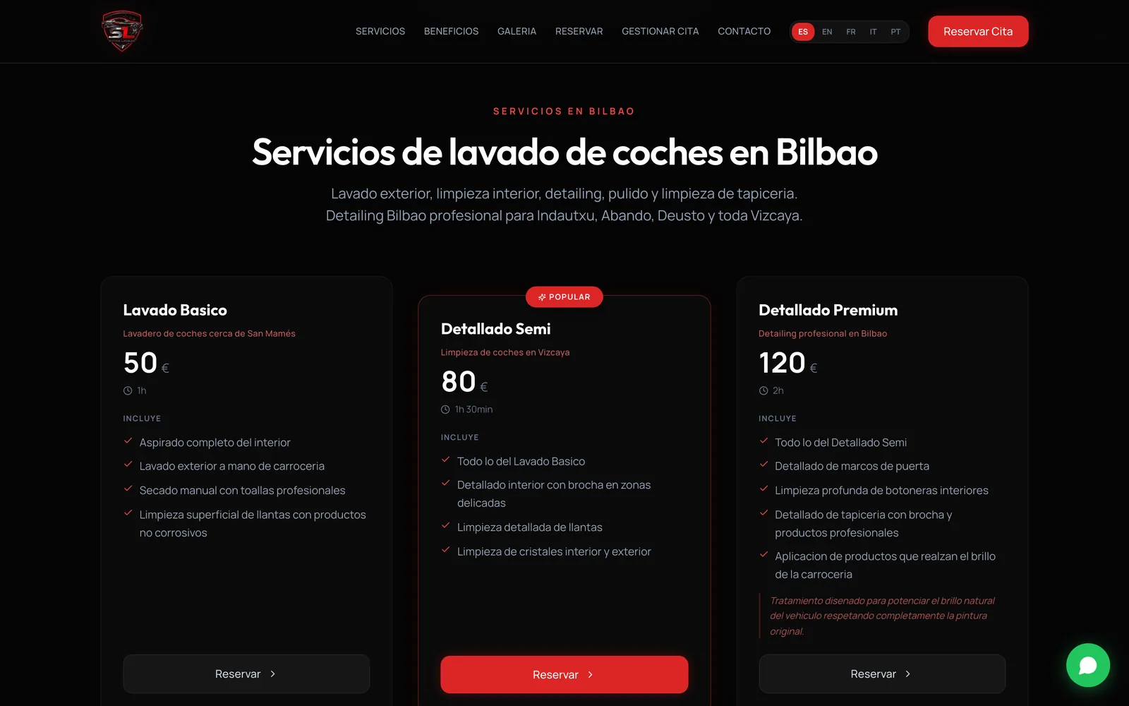 Sección de servicios con los tres niveles de lavado, su precio y su duración