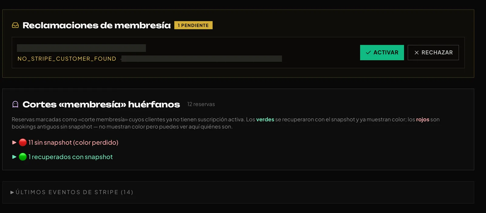 Bloque de reclamaciones de membresía con el motivo del fallo y los botones de activar o rechazar
