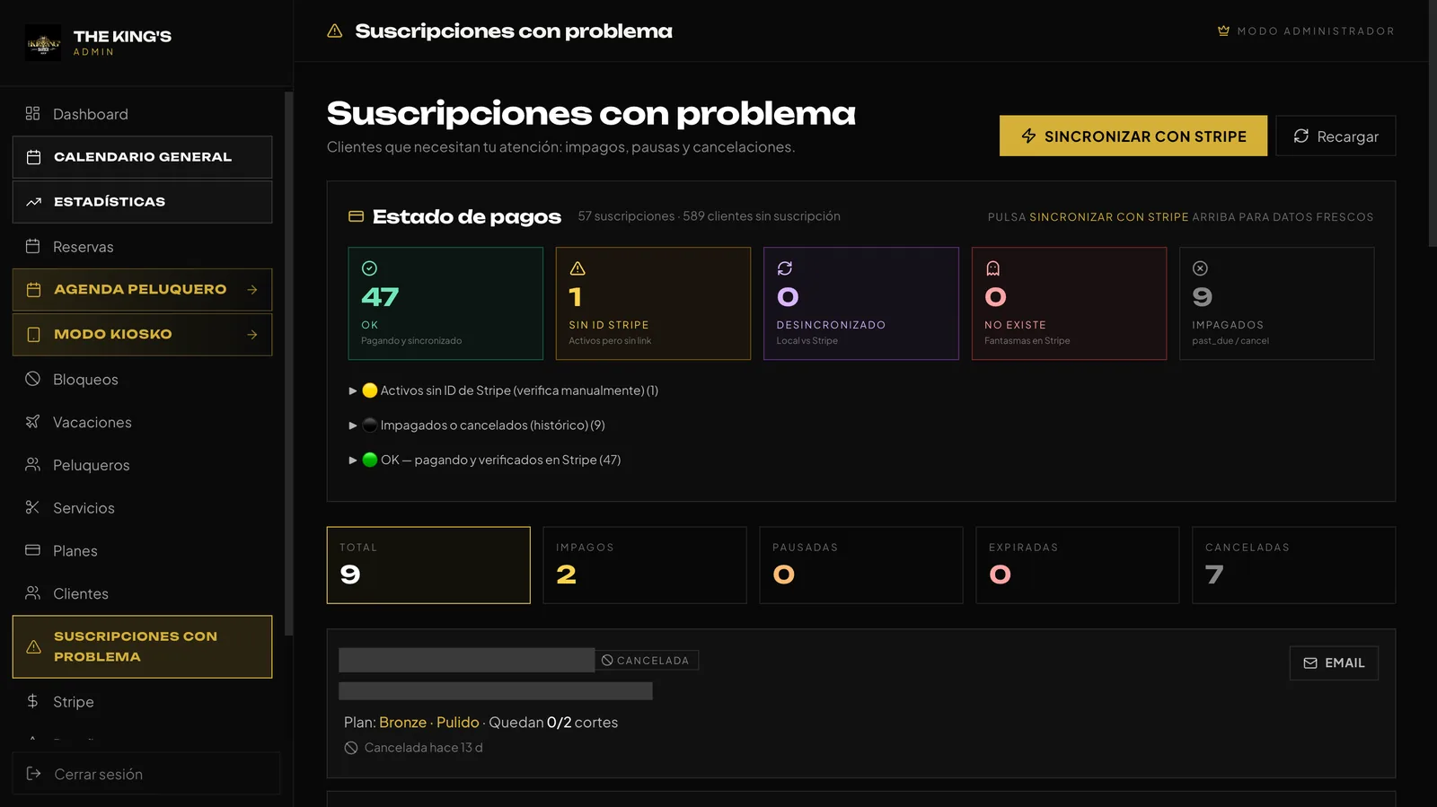 Pantalla de suscripciones con problema, con el recuento de las que están al día y las que tienen impago