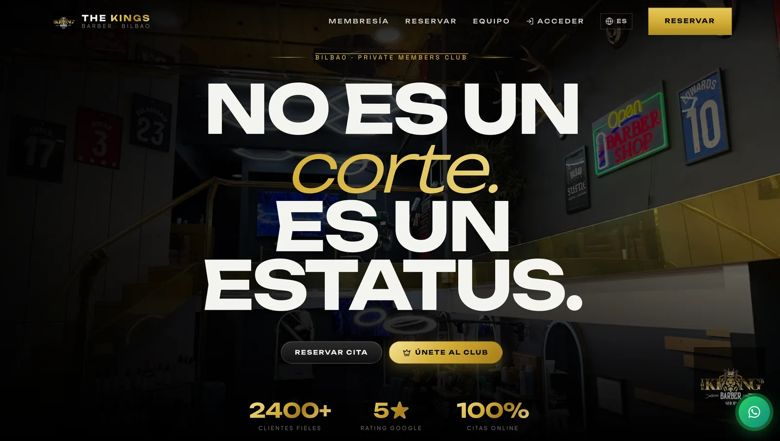 Portada de la web pública de The King's Barber con los accesos a reservar cita y a la membresía